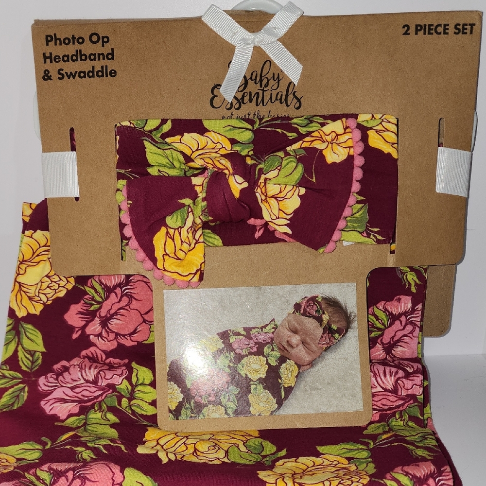 Baby Essentials Floral Headband and Swaddle Set Brand New